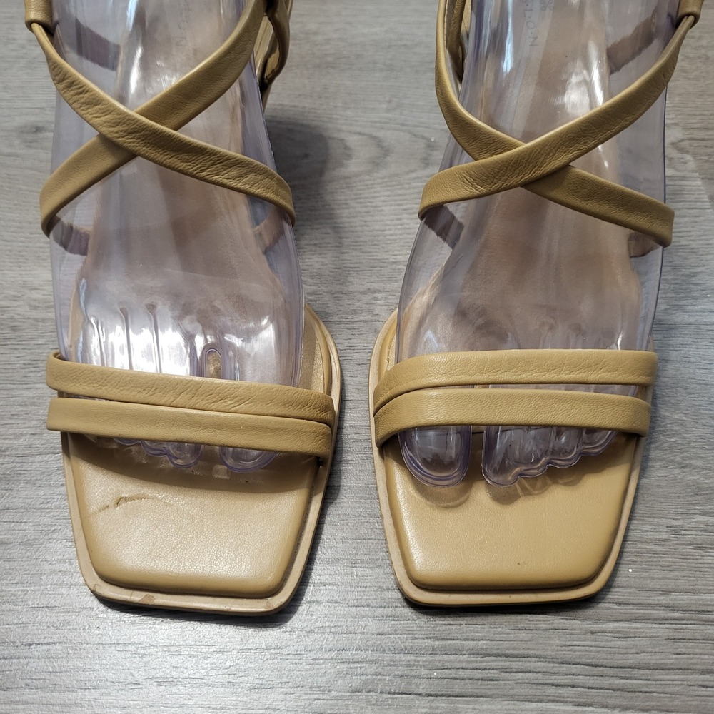 Caslon Tan Leather Strappy Wedge Sandals Square Toe Beige Comfort Womens Size 7 - Picture 3 of 10